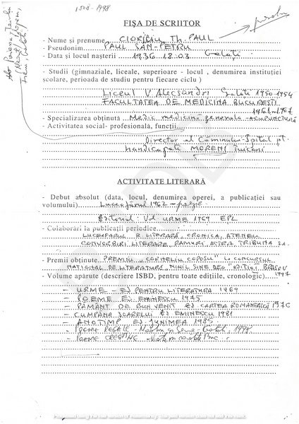 M-1284-1 - Fisa scriitor Cioculescu Paul